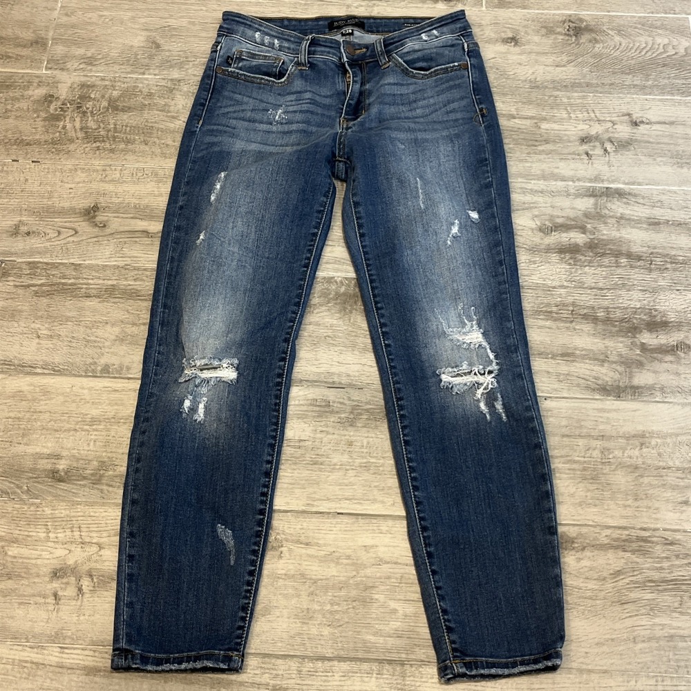 Judy Blue Women's JB8271 DK Distressed Skinny Jeans Blue High Rise Size 28